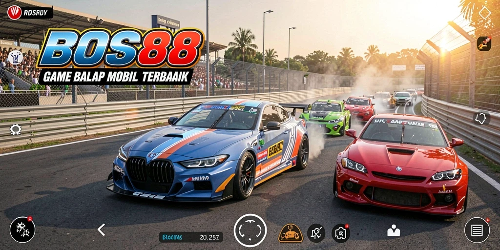 Screenshot gameplay BOS88 dengan mobil balap yang melaju kencang di lintasan.