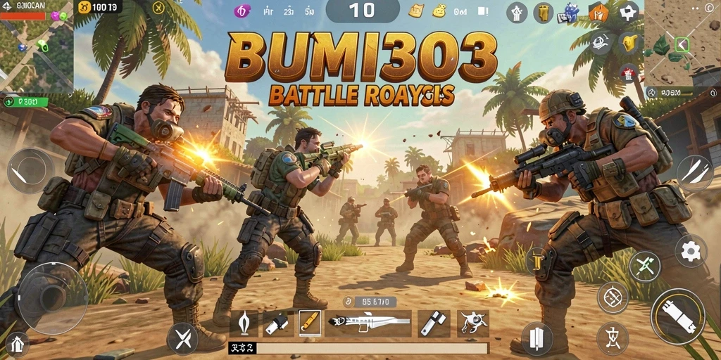 Tampilan gameplay BUMI303 menunjukkan pertarungan seru dalam arena Battle Royale.