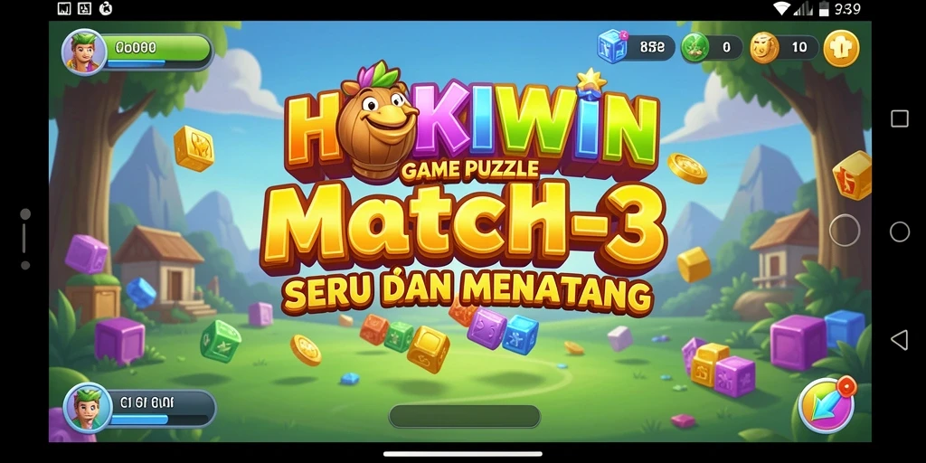 Tangkapan layar utama HOKIWIN menampilkan gameplay Match-3 yang penuh warna.