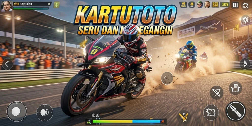 Tampilan gameplay KARTUTOTO dengan balapan motor yang seru dan menegangkan.