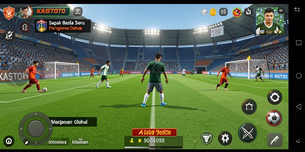 Screenshot gameplay KASTOTO dengan aksi sepak bola yang intens.