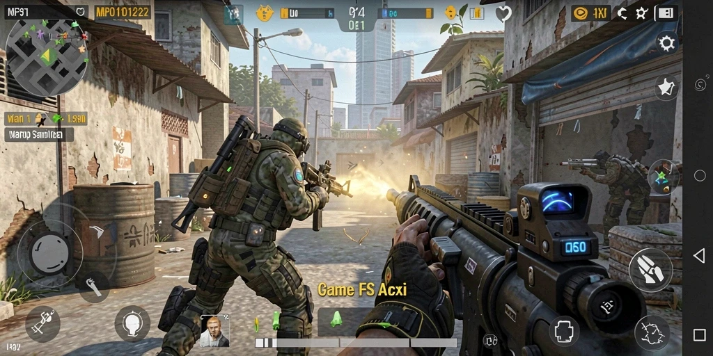 Tangkapan layar gameplay MPO1221 yang menunjukkan aksi tembak-menembak yang intens.