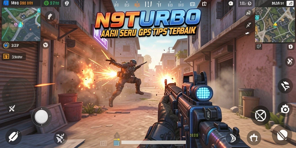 Screenshot N9TURBO menampilkan aksi pertempuran intens di dalam permainan TPS.