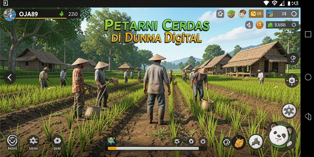 Screenshot gameplay OJA89 menampilkan ladang yang subur dan hewan ternak yang bahagia.