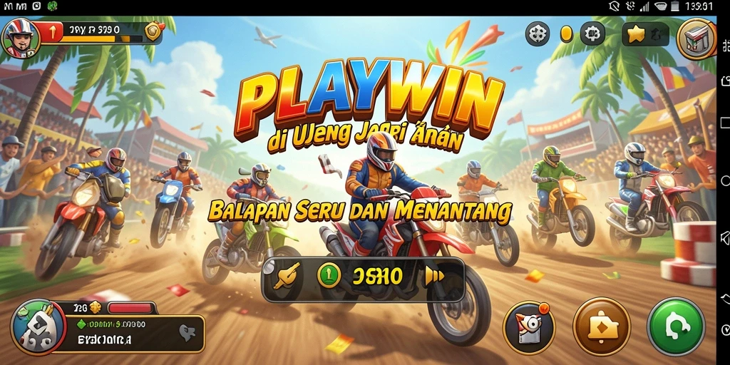 Tampilan gameplay seru dari PLAYWIN dengan berbagai jenis kendaraan dan trek balap.