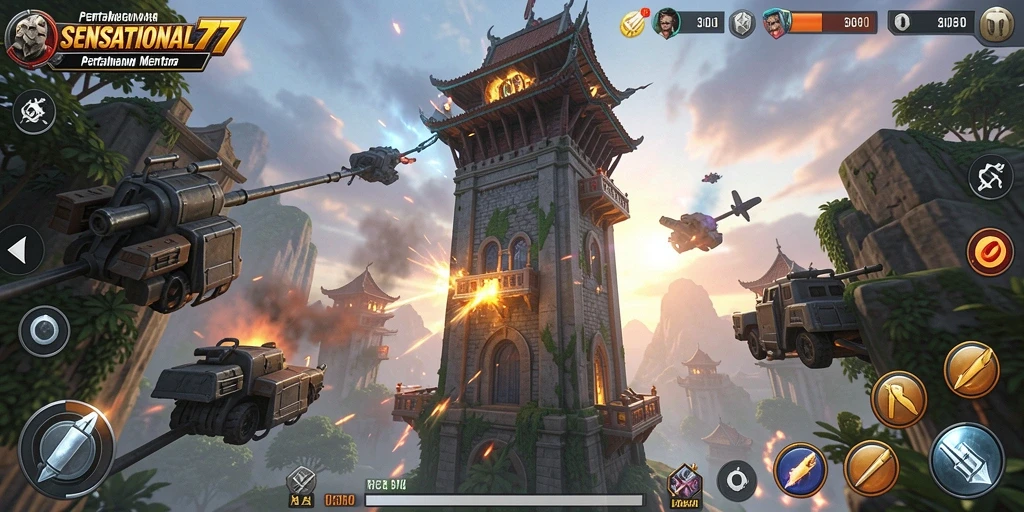Tampilan gameplay dinamis dalam SENSATIONAL77 dengan strategi menara yang unik.