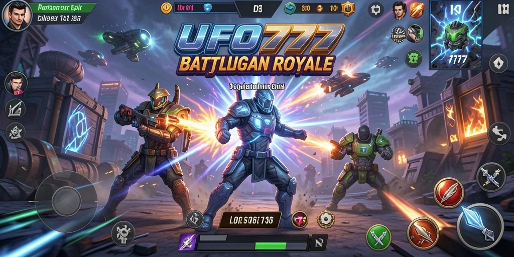 Gameplay menegangkan dalam UFO777 yang menunjukkan pertarungan Battle Royale.