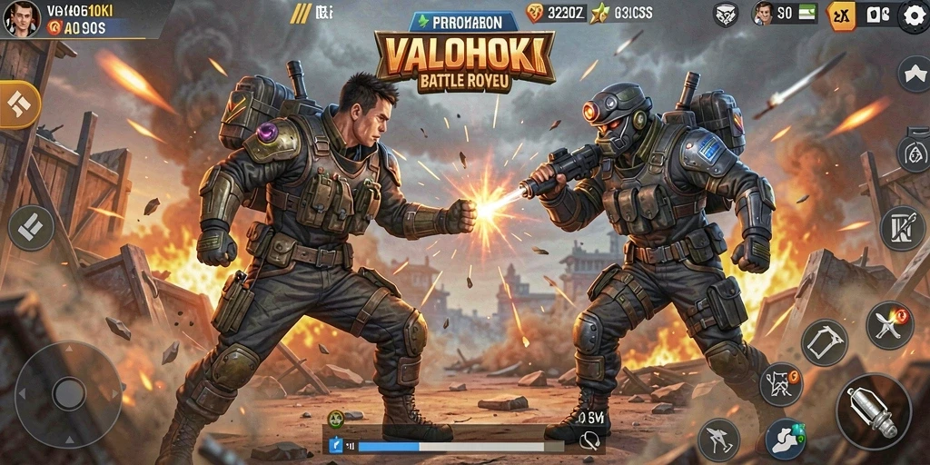 Tangkapan layar VALOHOKI menampilkan aksi seru dalam Battle Royale.